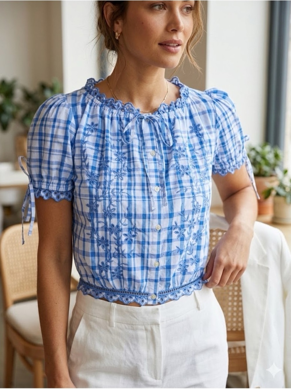 Blue Plaid Embroidered Cropped Cotton Button-Front Peasant Top